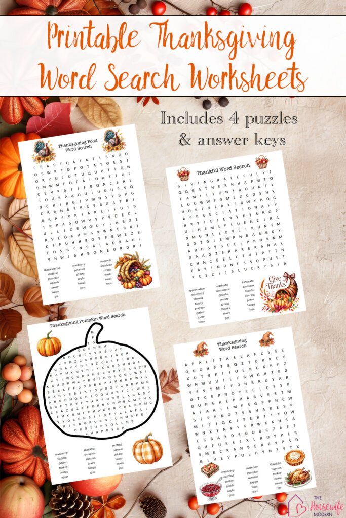 Looking for printable Thanksgiving word search worksheets? Download these free printable PDFs. 4 Thanksgiving word search puzzles and answer keys. These fun worksheets are perfect for elementary classrooms, homeschool, substitute teacher plans, or a festive holiday activity.