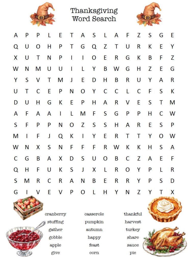 Download this free printable Thanksgiving word search for kids! This festive holiday puzzle is filled with Thanksgiving-themed words and includes an answer key for easy checking. Perfect for elementary classrooms, homeschool lessons, Thanksgiving celebrations, or a quiet afternoon activity. Plus, discover 3 more free Thanksgiving word search puzzles!