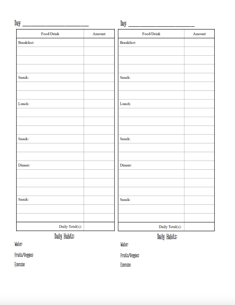 Keep a detailed record of your week with this free printable 7-day food diary. The four-page food diary template includes space to track meals, amounts, water, fruits and vegetables, and exercise, plus a weekly summary for goals, progress, wins, and notes. Download the free PDF food journal for plenty of room to track all seven days.