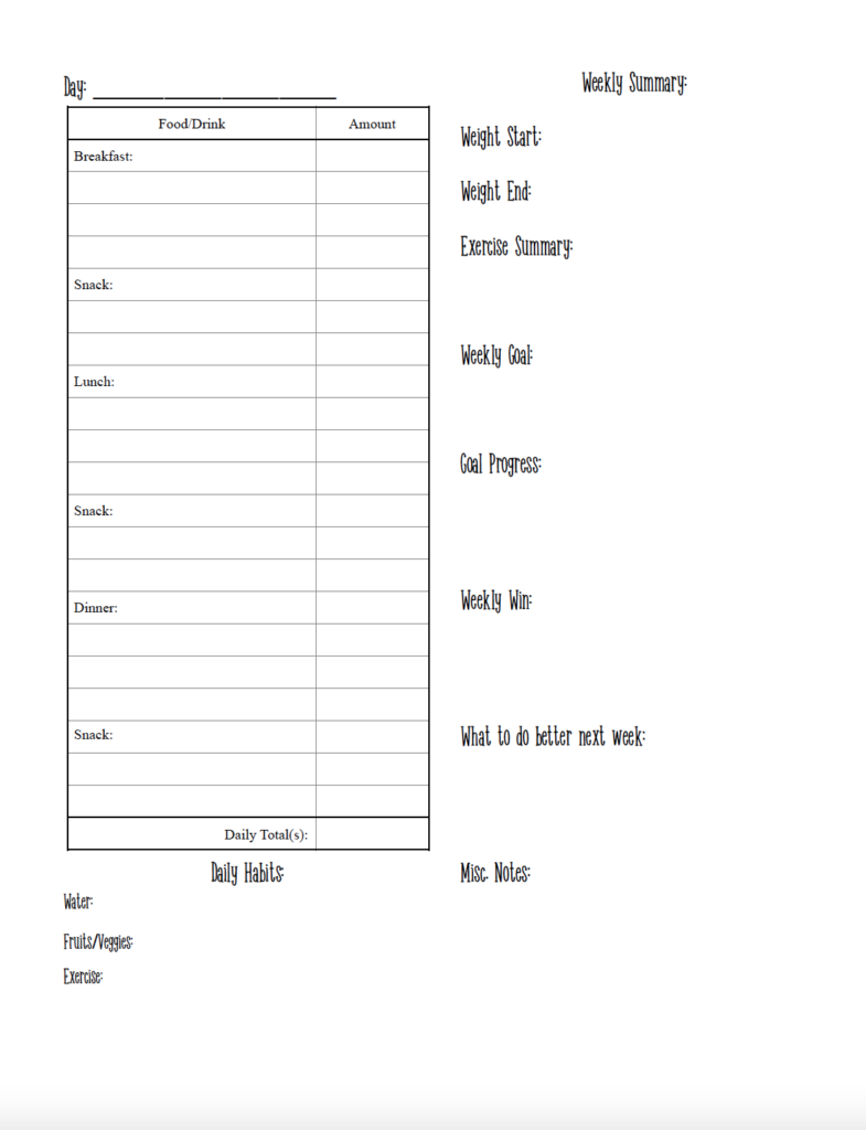 Keep a detailed record of your week with this free printable 7-day food diary. The four-page food diary template includes space to track meals, amounts, water, fruits and vegetables, and exercise, plus a weekly summary for goals, progress, wins, and notes. Download the free PDF food journal for plenty of room to track all seven days.