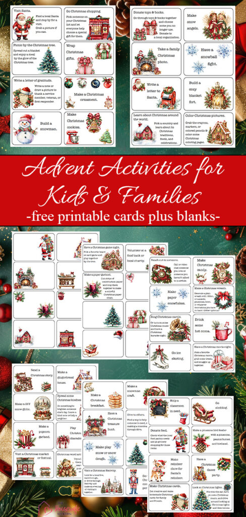 Looking for fun Advent calendar activities for kids and families? Choose from 50+ Christmas activity ideas, including crafts, treats, games, family traditions, outings, and ways to give back. Download the free printable Advent activity cards, choose your favorites, and add them to your Advent calendar or Christmas countdown.