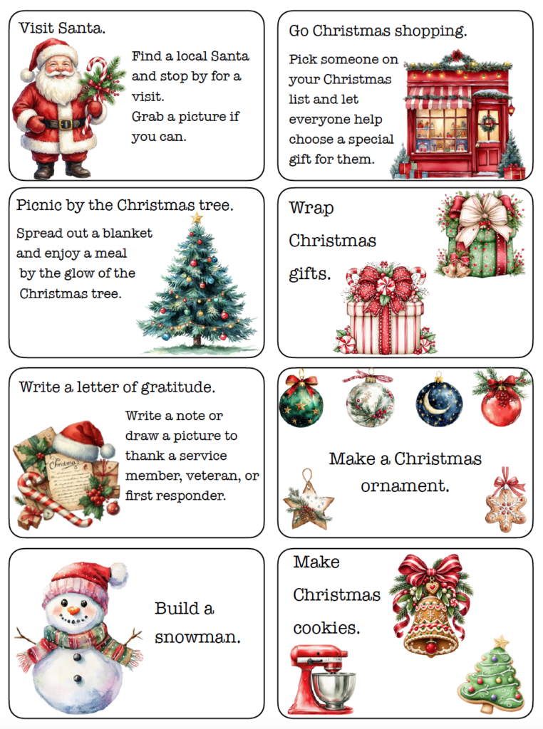 Looking for fun Advent calendar activities for kids and families? Choose from 50+ Christmas activity ideas, including crafts, treats, games, family traditions, outings, and ways to give back. Download the free printable Advent activity cards, choose your favorites, and add them to your Advent calendar or Christmas countdown.