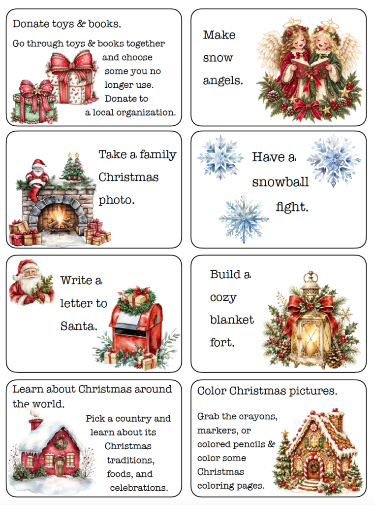 Looking for fun Advent calendar activities for kids and families? Choose from 50+ Christmas activity ideas, including crafts, treats, games, family traditions, outings, and ways to give back. Download the free printable Advent activity cards, choose your favorites, and add them to your Advent calendar or Christmas countdown.