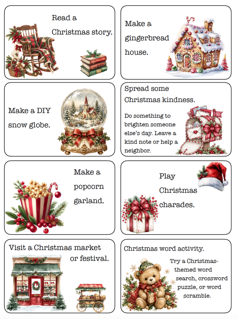 Looking for fun Advent calendar activities for kids and families? Choose from 50+ Christmas activity ideas, including crafts, treats, games, family traditions, outings, and ways to give back. Download the free printable Advent activity cards, choose your favorites, and add them to your Advent calendar or Christmas countdown.