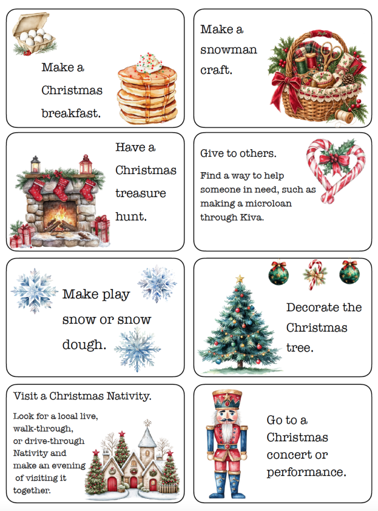 Looking for fun Advent calendar activities for kids and families? Choose from 50+ Christmas activity ideas, including crafts, treats, games, family traditions, outings, and ways to give back. Download the free printable Advent activity cards, choose your favorites, and add them to your Advent calendar or Christmas countdown.
