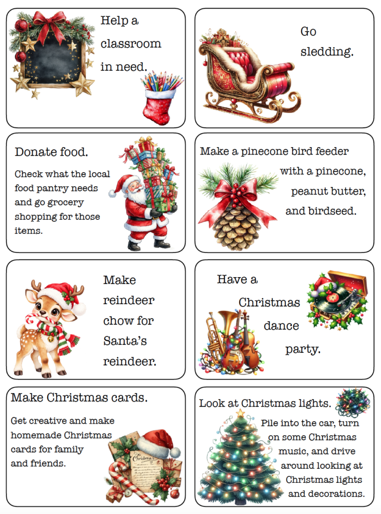 Looking for fun Advent calendar activities for kids and families? Choose from 50+ Christmas activity ideas, including crafts, treats, games, family traditions, outings, and ways to give back. Download the free printable Advent activity cards, choose your favorites, and add them to your Advent calendar or Christmas countdown.