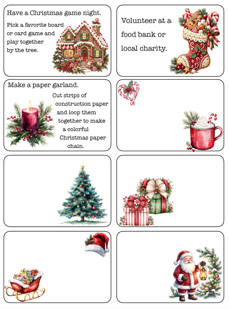 Make your Christmas countdown your own with printable Advent activity cards for kids and families. This free printable includes ready-to-use Christmas activities plus blank cards for adding your own family traditions, outings, crafts, and special holiday plans.