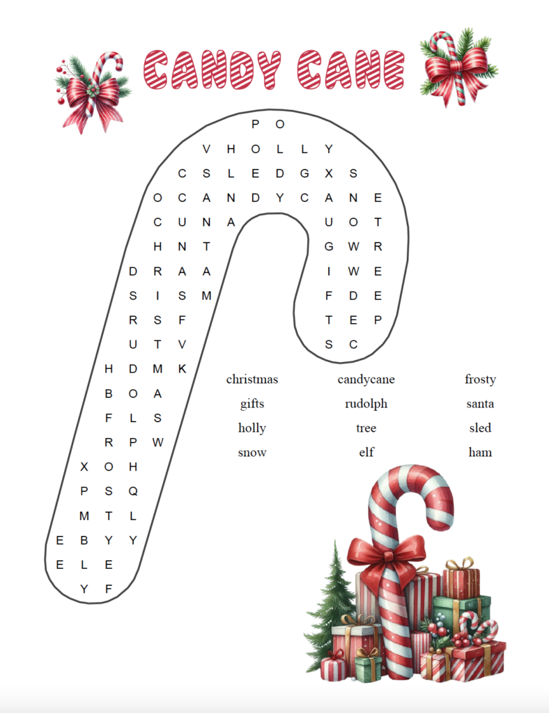 This easy candy cane Christmas word search for kids features 12 holiday words hidden inside a candy cane-shaped puzzle. Download the free printable PDF with answer key for a fun Christmas activity at home, school, or a holiday party.