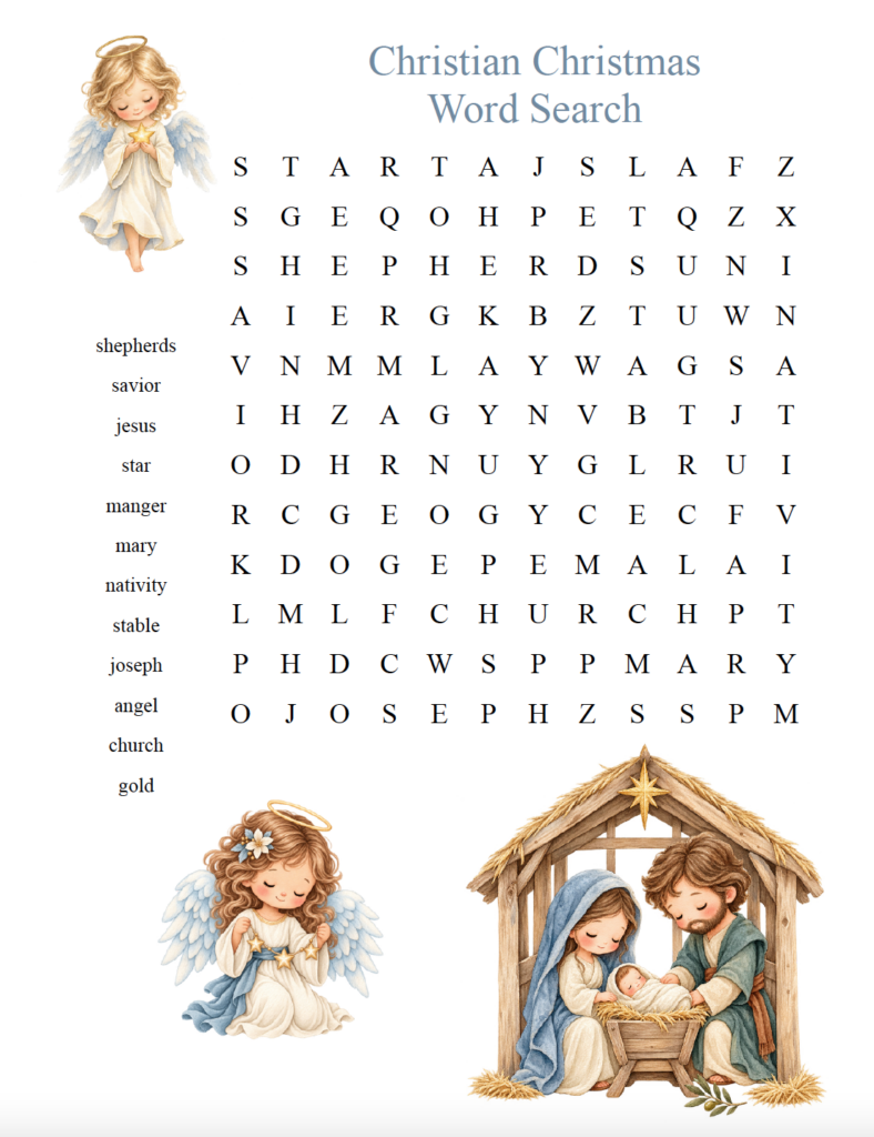 Celebrate the Nativity with this free printable Christian Christmas word search for kids. The easy puzzle includes 12 Bible-themed words and beautiful Nativity artwork. Download the free PDF and answer key for Sunday school, church, or Christmas at home.