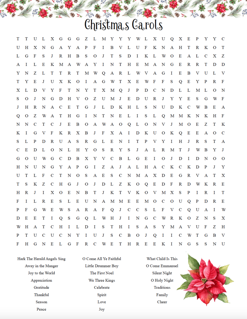 Test your skills with this free printable Christmas carols word search for adults. Find 23 traditional carol titles and Christmas-themed words hidden in a challenging 25×25 puzzle. Download the free PDF with answer key included.