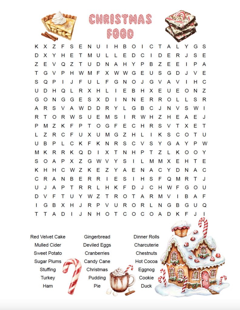 Celebrate your favorite holiday foods with this free printable Christmas food word search for adults. Find 21 Christmas foods and treats hidden in a challenging 20×20 puzzle. Download the free PDF with answer key included for a fun Christmas activity.