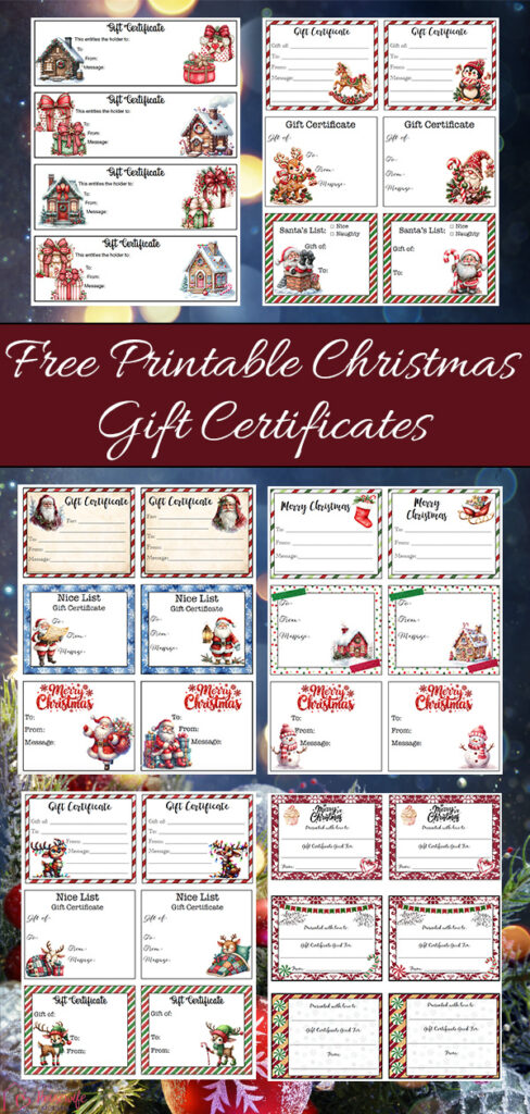 Looking for a Christmas gift certificate you can print at home? Choose from more than 25 free printable Christmas gift certificates, including cute, Santa Claus, and kid-friendly designs. These blank Christmas gift certificate templates can be filled in for experience gifts, activities, special treats, or any gift you choose.