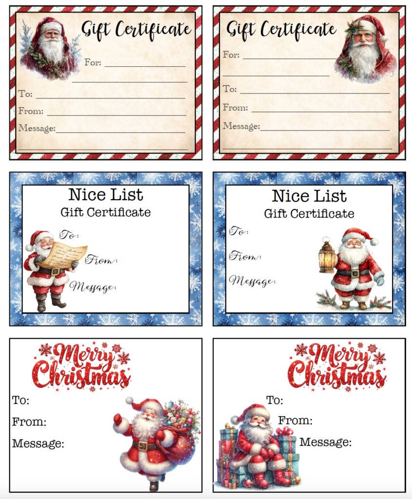 These free printable Santa Claus Christmas gift certificates include 6 festive designs. Choose from vintage Santa certificates with candy cane borders, whimsical Santa’s Nice List designs, or cheerful glitter-style Santa certificates. Each has space for To, From, and a personal message.