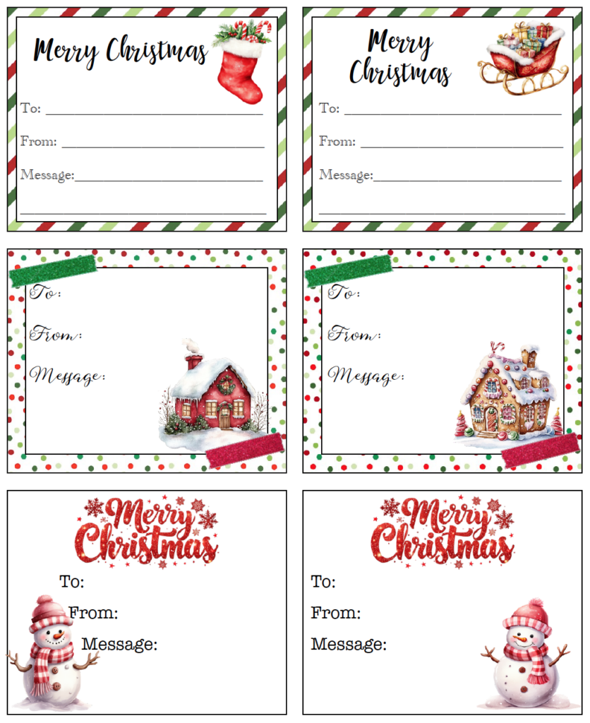 Print these cute Christmas gift certificates at home for an easy holiday gift. This free printable includes 6 Christmas gift certificate designs featuring a traditional stocking and sleigh, gingerbread house, Christmas cottage, and cheerful snowmen. Each certificate has space for To, From, and a personal message.
