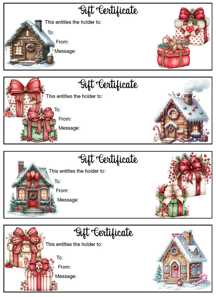 These free printable Christmas gift certificates feature 4 cute holiday designs with cozy houses, gingerbread houses, and Christmas presents. Each blank gift certificate has space to fill in the gift or experience, recipient, giver, and a personal message.