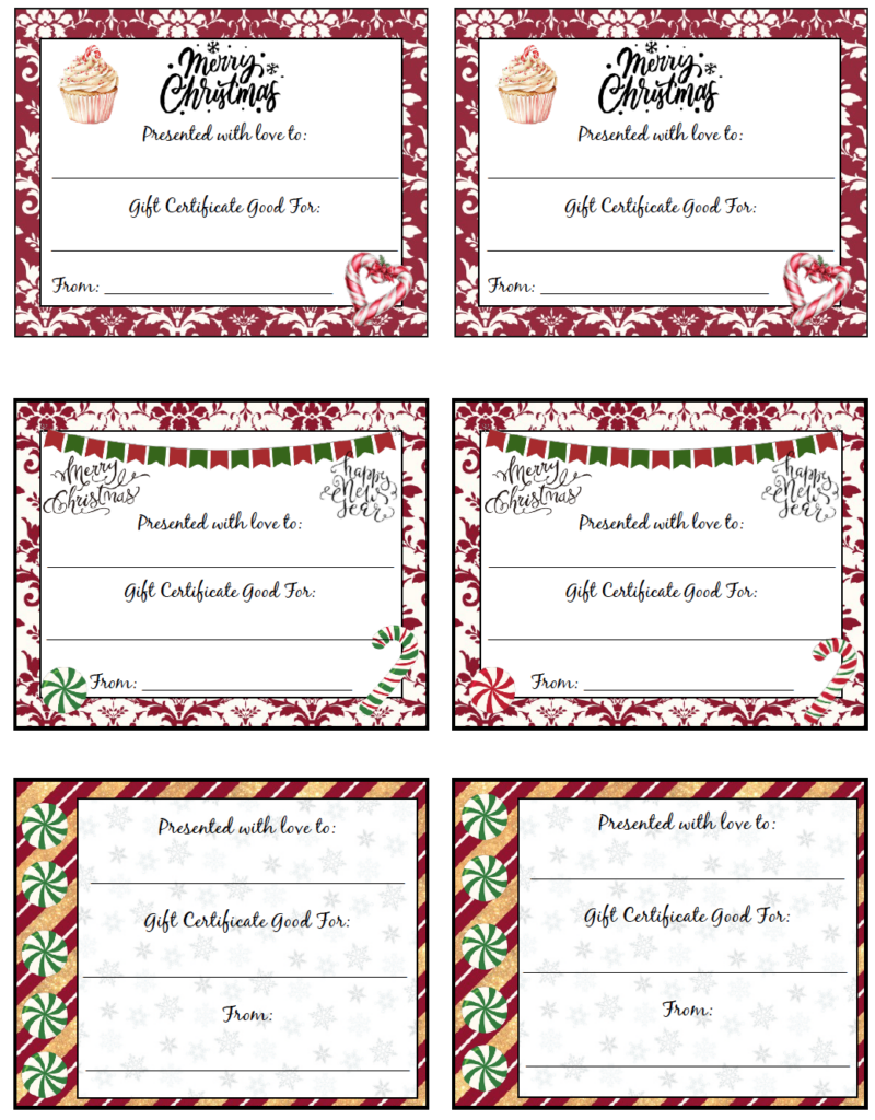 These free printable Christmas gift certificates have a traditional, elegant holiday style. The page includes 6 certificates with red-and-white damask designs and festive peppermint-and-gold accents. Each printable certificate has space to fill in the recipient, giver, and gift message.