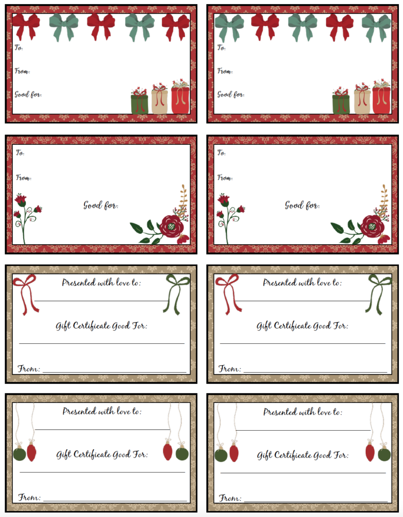 Download these free printable Christmas gift certificates in classic, understated holiday designs. The page includes 8 certificates in 4 different designs with soft, muted Christmas colors. Simply print, fill them in, and give them with your Christmas gift.