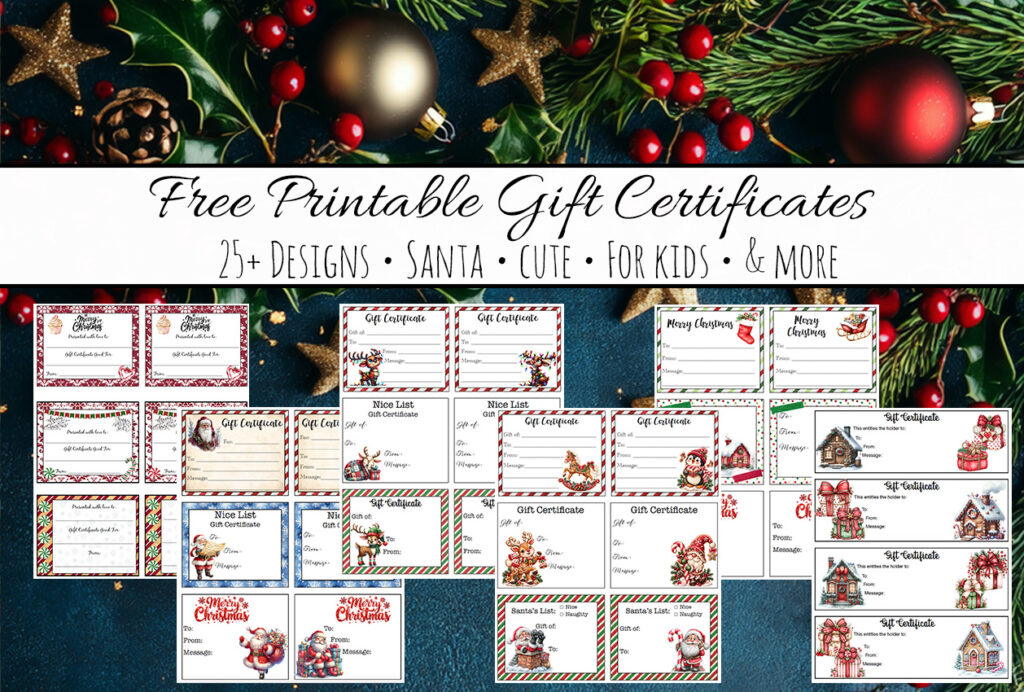 Darker blue background with Christmas garland along upper edge. Images of 6 pages of free printable Christmas gift certificates with title band over it.