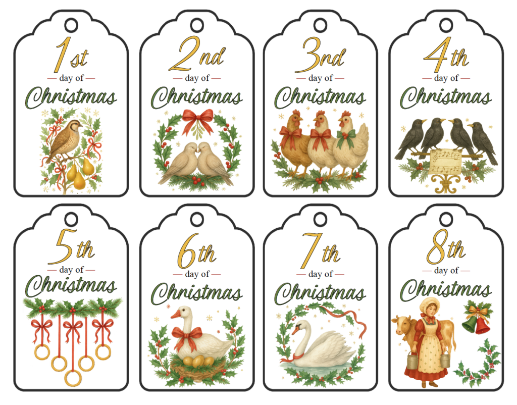 These free printable 12 Days of Christmas gift tags feature the traditional gifts from the classic Christmas carol. The two-page PDF includes all 12 numbered days with antique-style watercolor illustrations, plus 4 coordinating blank tags you can personalize for your Christmas gifts.