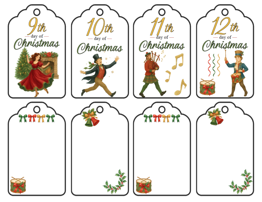 These free printable 12 Days of Christmas gift tags feature the traditional gifts from the classic Christmas carol. The two-page PDF includes all 12 numbered days with antique-style watercolor illustrations, plus 4 coordinating blank tags you can personalize for your Christmas gifts.