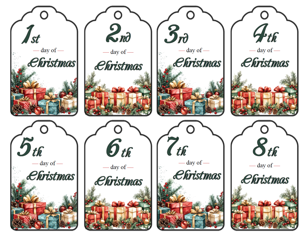 Celebrate the 12 Days of Christmas with these free printable gift tags! The two-page PDF includes tags numbered for all 12 days plus 4 coordinating blank gift tags for your own message. Festive watercolor gifts, ribbons, and greenery complete the Christmas design.