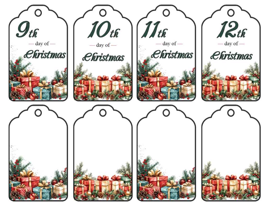 Celebrate the 12 Days of Christmas with these free printable gift tags! The two-page PDF includes tags numbered for all 12 days plus 4 coordinating blank gift tags for your own message. Festive watercolor gifts, ribbons, and greenery complete the Christmas design.
