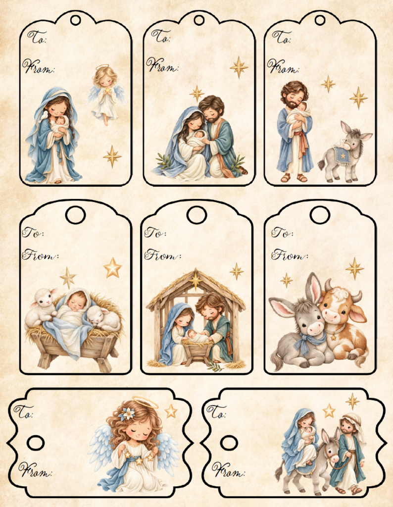 Celebrate the Nativity with these free printable Christian Christmas gift tags. The PDF includes 8 Christmas gift To and From tags featuring blue and gold illustrations of Mary, Joseph, baby Jesus, angels, and animals on a soft cream background.
