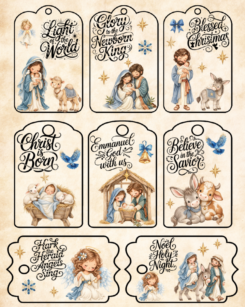 These free printable Christian Christmas gift tags pair beautiful blue and gold Nativity artwork with meaningful Christmas sayings. The PDF includes 8 unique tags featuring the Holy Family, angels, animals, and messages such as Light of the World, Christ Is Born, and Emmanuel God With Us.