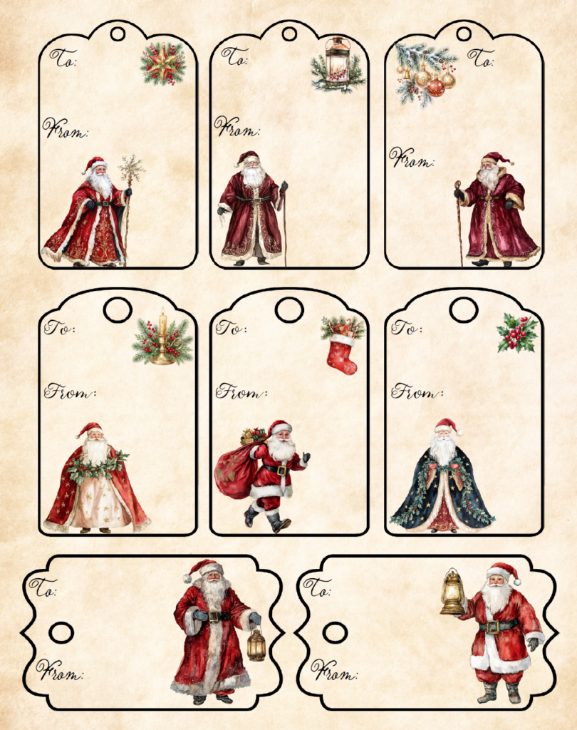 Add an old-fashioned touch to your presents with these free printable vintage Father Christmas gift tags. The PDF includes 8 Christmas gift To and From tags featuring antique-style Santa illustrations, lanterns, bells, stockings, winter greenery, and other traditional Christmas details.