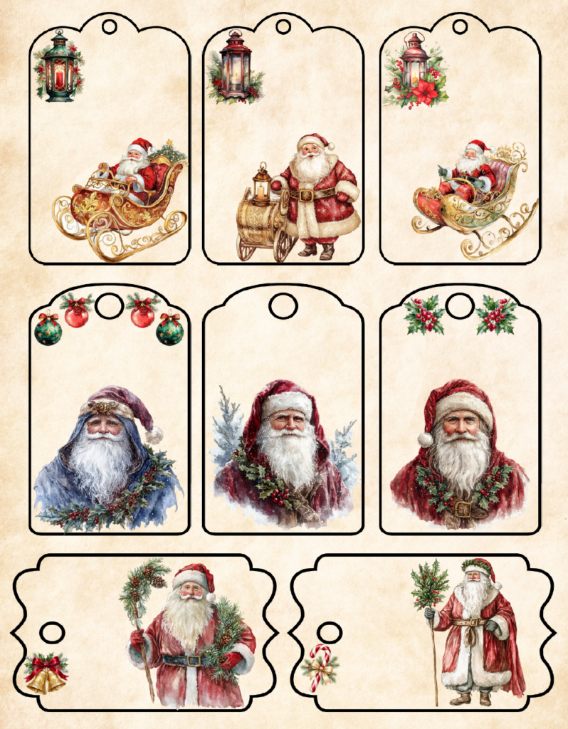 These free printable Father Christmas gift tags feature antique-style Santa artwork for a nostalgic Christmas look. The PDF includes 8 decorative tags with Father Christmas portraits, sleigh scenes, and traditional greenery, plus blank space to add names, a message, or your own To and From.