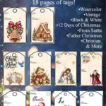 Free printable Christmas gift tags for all your holiday gifts! Choose from 18 printable pages with watercolor, vintage, black and white, Christian, From Santa, Father Christmas, and 12 Days of Christmas gift tags. Print your favorites at home for an easy way to finish wrapping Christmas presents.