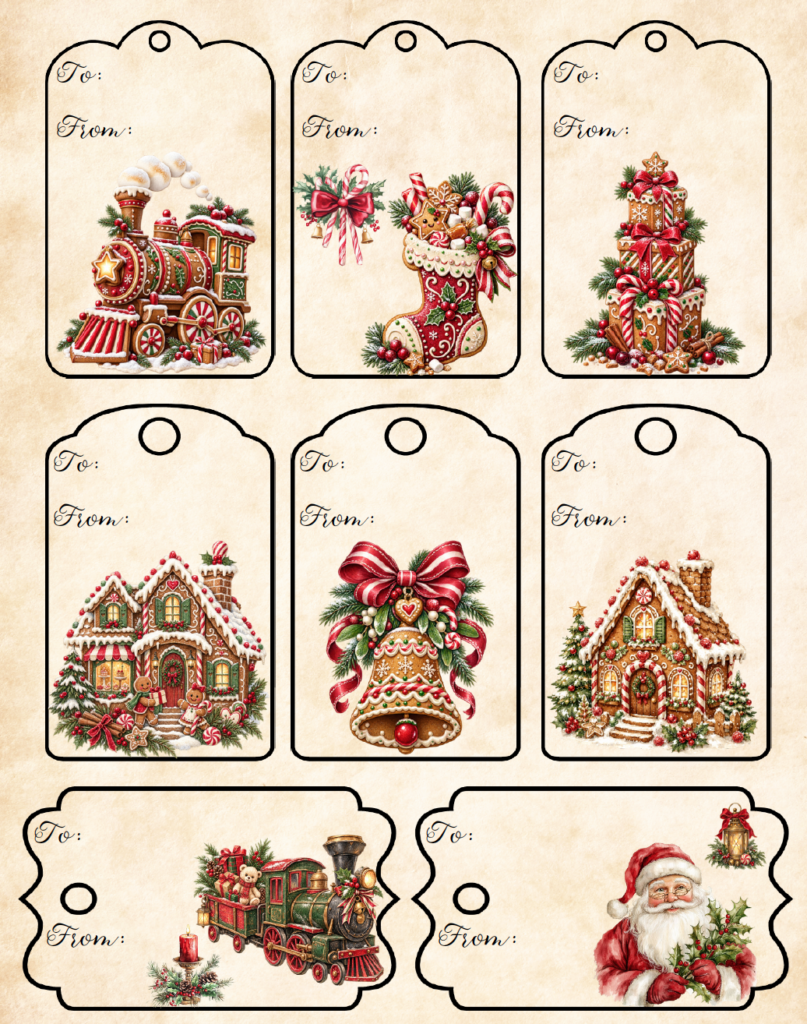Add a warm, festive touch to your gifts with these free printable watercolor Christmas gift tags. This set includes 8 tags with gingerbread houses, Santa, Christmas trains, and other vintage-inspired holiday designs. Print the PDF at home for easy Christmas gift tags with To and From spaces.