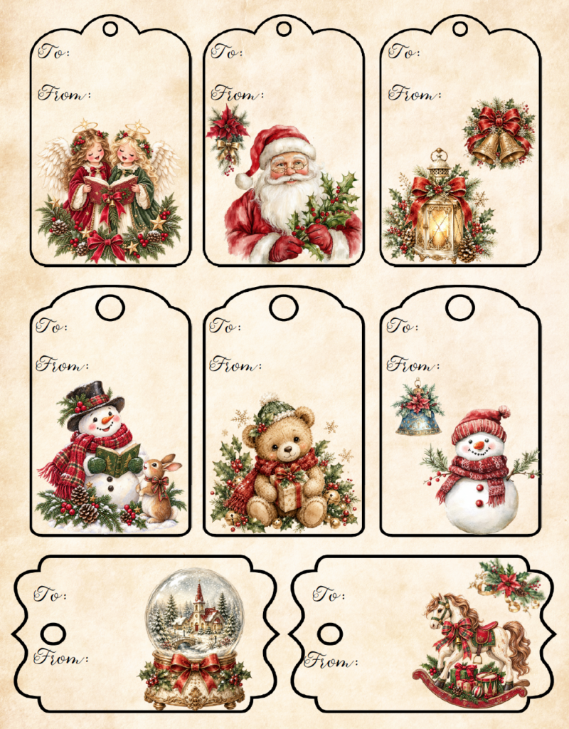 These free printable watercolor Christmas gift tags have a charming vintage feel with Santa, snowmen, angels, a teddy bear, rocking horse, snow globe, and more. Download the PDF and print 8 unique Christmas gift tags at home for your holiday presents.