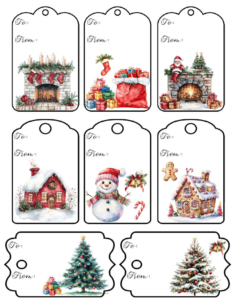Brighten your presents with these cute watercolor Christmas gift tags! The free printable PDF includes 8 tags decorated with Christmas trees, a snowy red cottage, gingerbread house, snowman, Santa, fireplaces, and presents. Just print, cut out, and add them to your Christmas gifts.