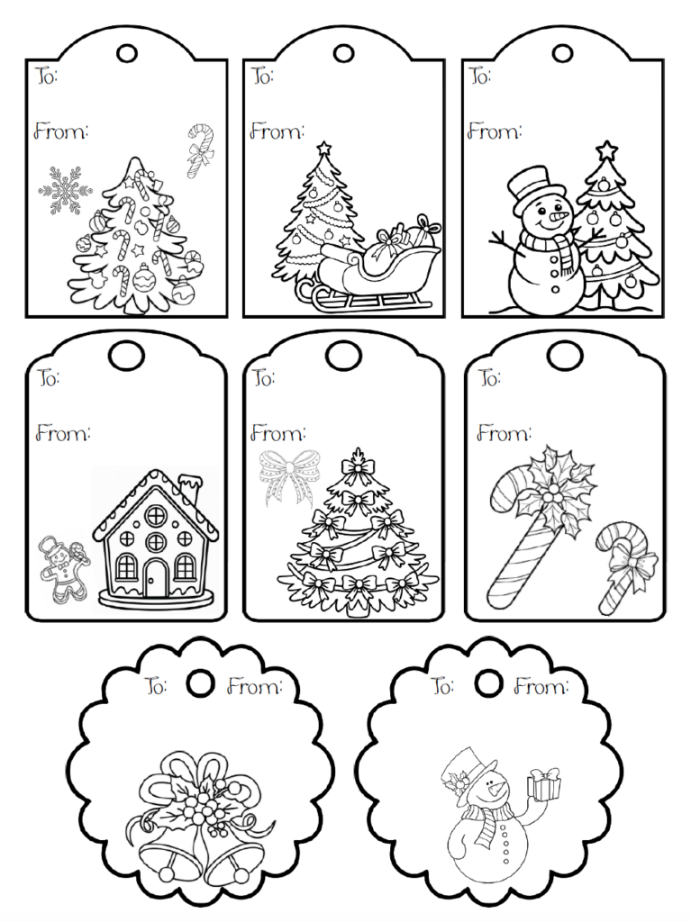 Print these free black and white Christmas gift tags for an easy way to label holiday presents. The PDF includes 8 Christmas gift To and From tags featuring Christmas trees, candy canes, snowmen, bells, a gingerbread house, and other classic holiday designs.