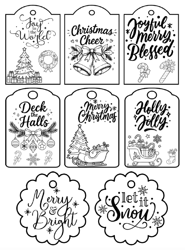 Looking for simple black and white Christmas gift tags? This free printable PDF includes 8 unique designs featuring festive sayings such as Merry Christmas, Merry & Bright, Holly Jolly, and Joy to the World, surrounded by black and white holiday illustrations.