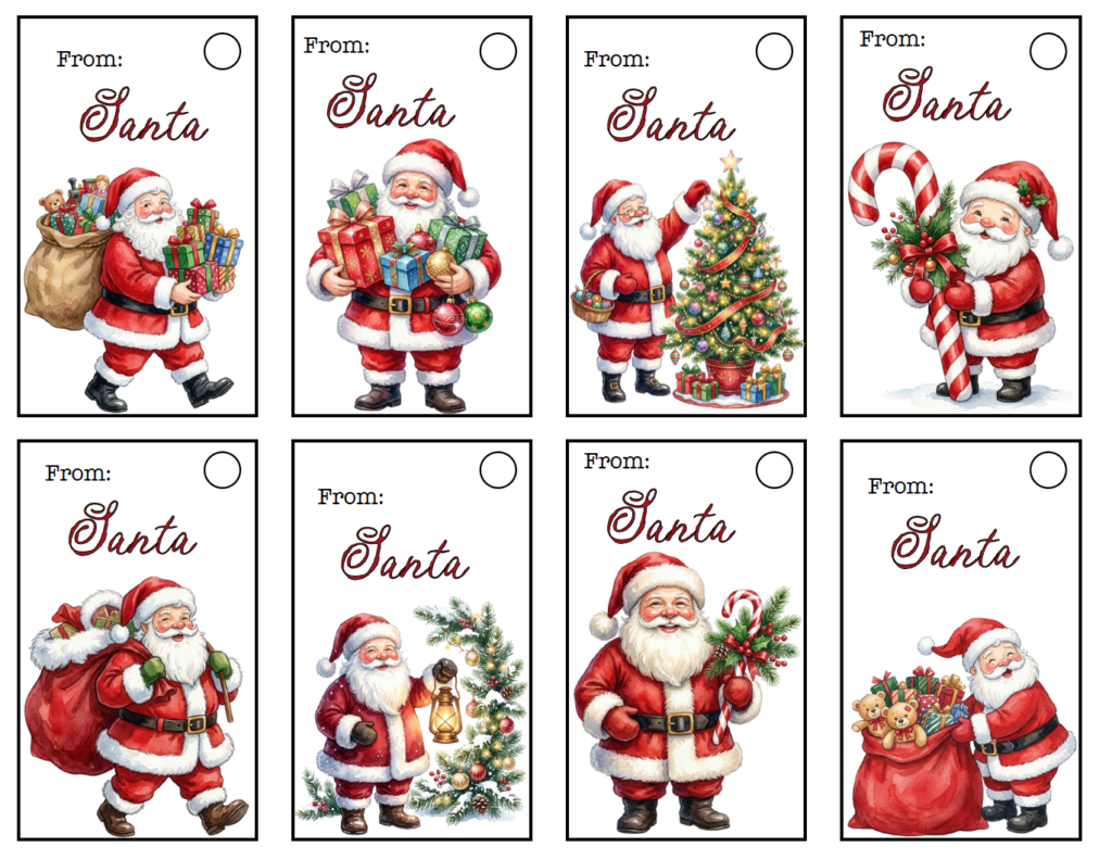 Add the finishing touch to Santa's gifts with these free printable From Santa Christmas gift tags. The PDF includes 8 colorful watercolor tags, each labeled “From Santa” and decorated with a different festive Santa illustration. Perfect for Christmas presents, stockings, and other gifts from Santa.