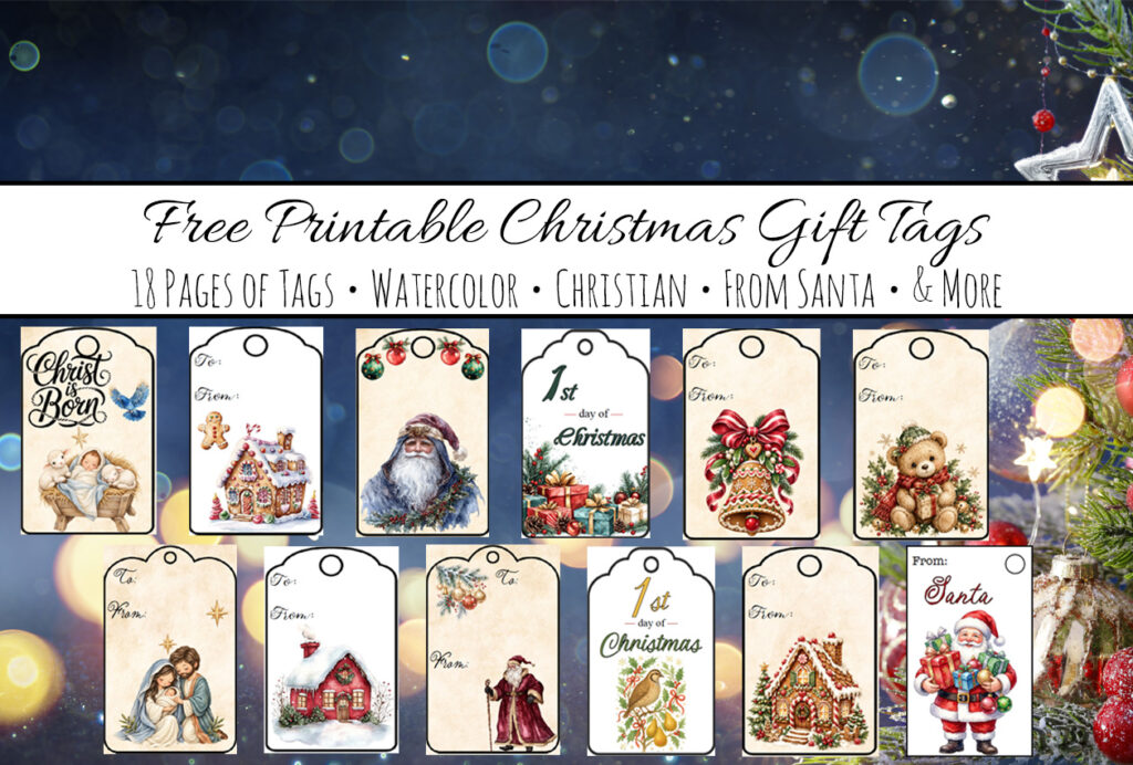 Christmas blue background with tree & ornaments in corner. Images of 12 printable Christmas gift tags with text overlay describing post contents.