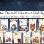 Christmas blue background with tree & ornaments in corner. Images of 12 printable Christmas gift tags with text overlay describing post contents.