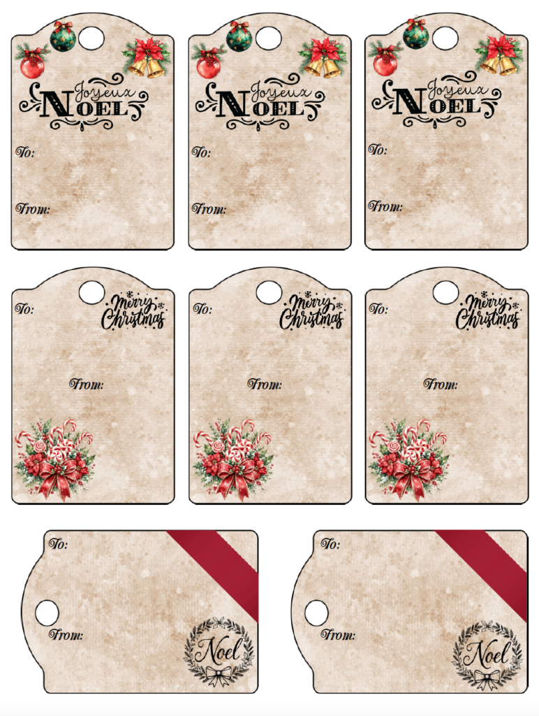 Give your presents a nostalgic touch with these free printable vintage Christmas gift tags. The PDF includes 8 unique tags with Christmas ornaments, bells, peppermint, a festive wreath, and holiday greetings. Each printable gift tag includes To and From spaces for easy Christmas gift wrapping.