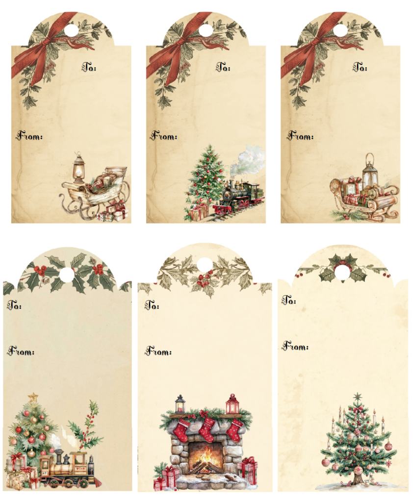Print these vintage Christmas gift tags for a classic, old-fashioned look under the tree. This free printable PDF includes 6 Christmas gift To and From tags featuring antique-style sleighs, Christmas trees, a fireplace, lanterns, holly, and other nostalgic holiday artwork.
