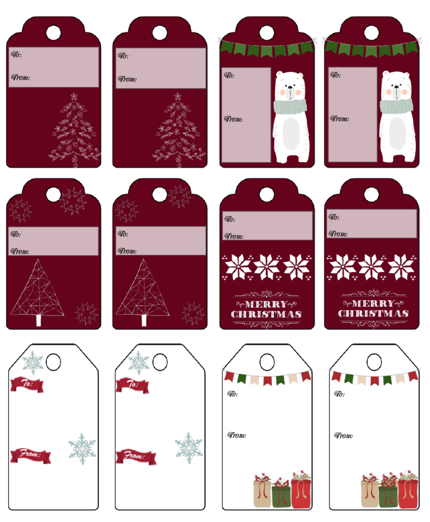 12 gifts tags- 8 maroon and 4 white with various designs.