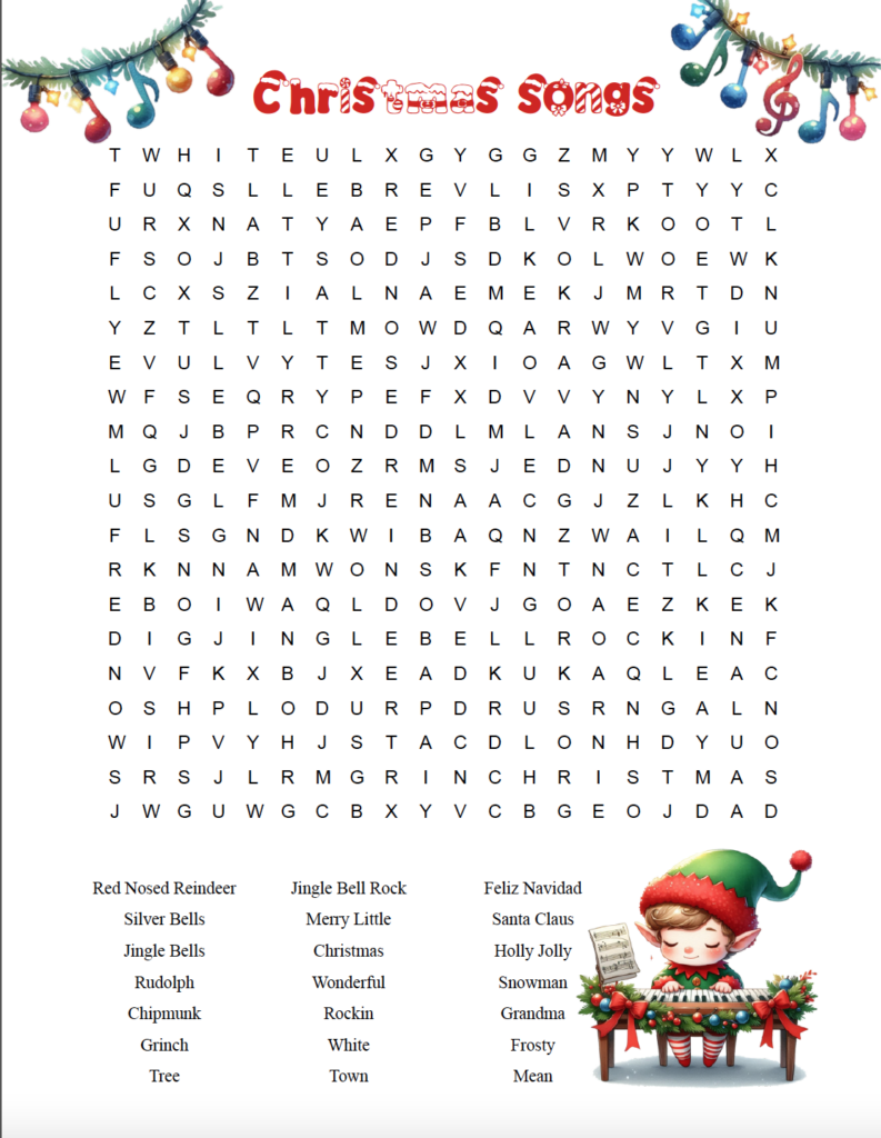 Try this free printable Christmas songs word search for adults. Find 21 words and clues inspired by popular Christmas songs in a challenging 20×20 puzzle. Download the free PDF with answer key included.