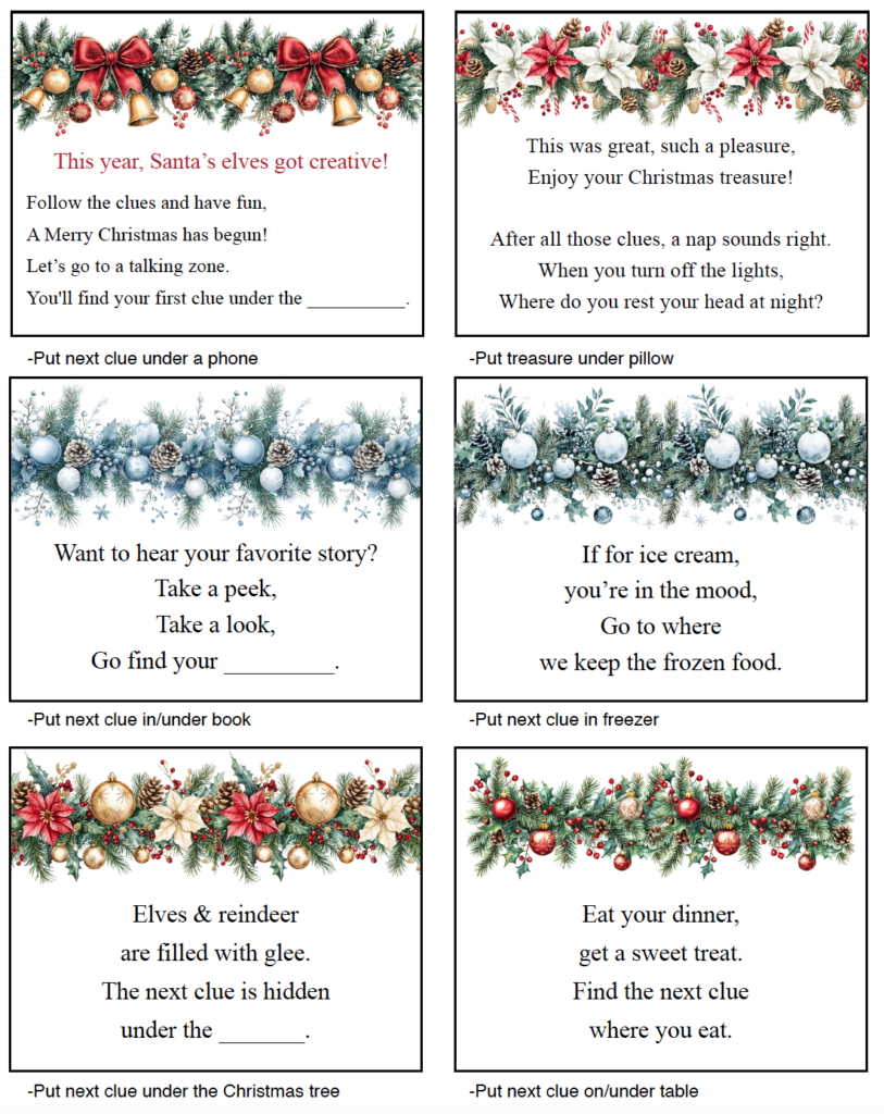 Create a fun indoor Christmas treasure hunt with these free printable rhyming clues. The complete set includes 30 mix-and-match Christmas treasure hunt riddles for locations around the house, making it easy to create your own hunt for kids and family. PDF download. Blanks also available.