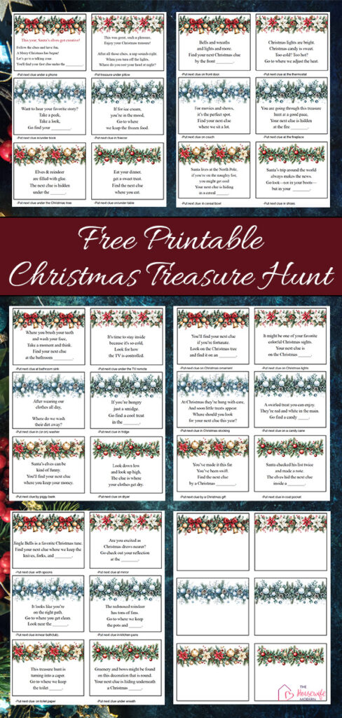 Add even more fun to Christmas with this free printable Christmas treasure hunt! Choose from 30 rhyming clues and riddles for an indoor hunt around the house. Mix & match clues (plus blanks) lead kids, teens, or adults to a Christmas gift, stocking, treat, or other holiday surprise.
