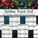 Christmas background of navy slate with Christmas garland on top border. Images of 6 pages of free printable Christmas treasure hunt clues and blanks.