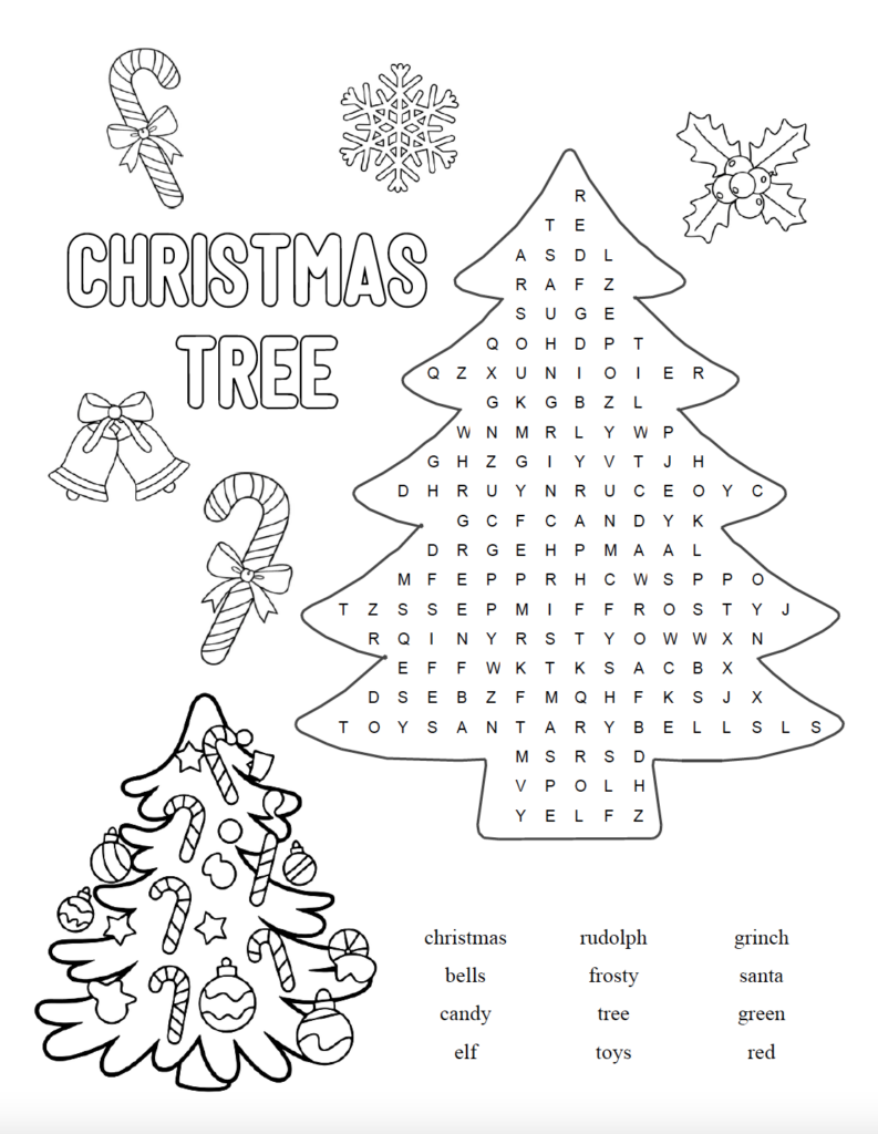 This free printable Christmas tree word search is an easy Christmas activity for kids! Find 12 holiday words hidden inside the Christmas tree, then color the tree, candy canes, bells, mistletoe, and more. Download the free PDF with answer key included.