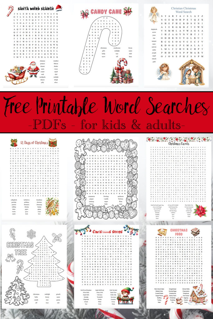 Free printable Christmas word searches for holiday fun! Choose from 9 easy and hard Christmas word search puzzles for kids and adults. Download the free PDF printables with answer keys included.