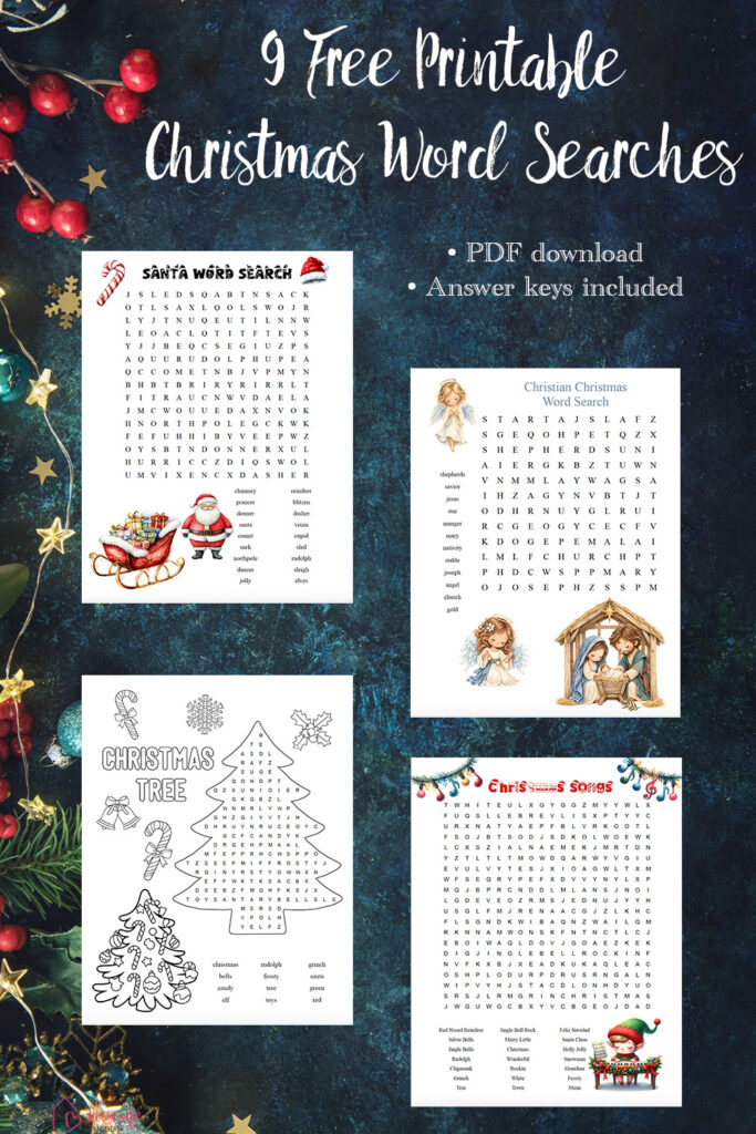 Looking for printable Christmas word search puzzles? This free collection includes 9 Christmas word searches, with easy puzzles for kids and challenging word searches for adults. Download the PDF puzzles and answer keys for Christmas parties, classrooms, or holiday fun.