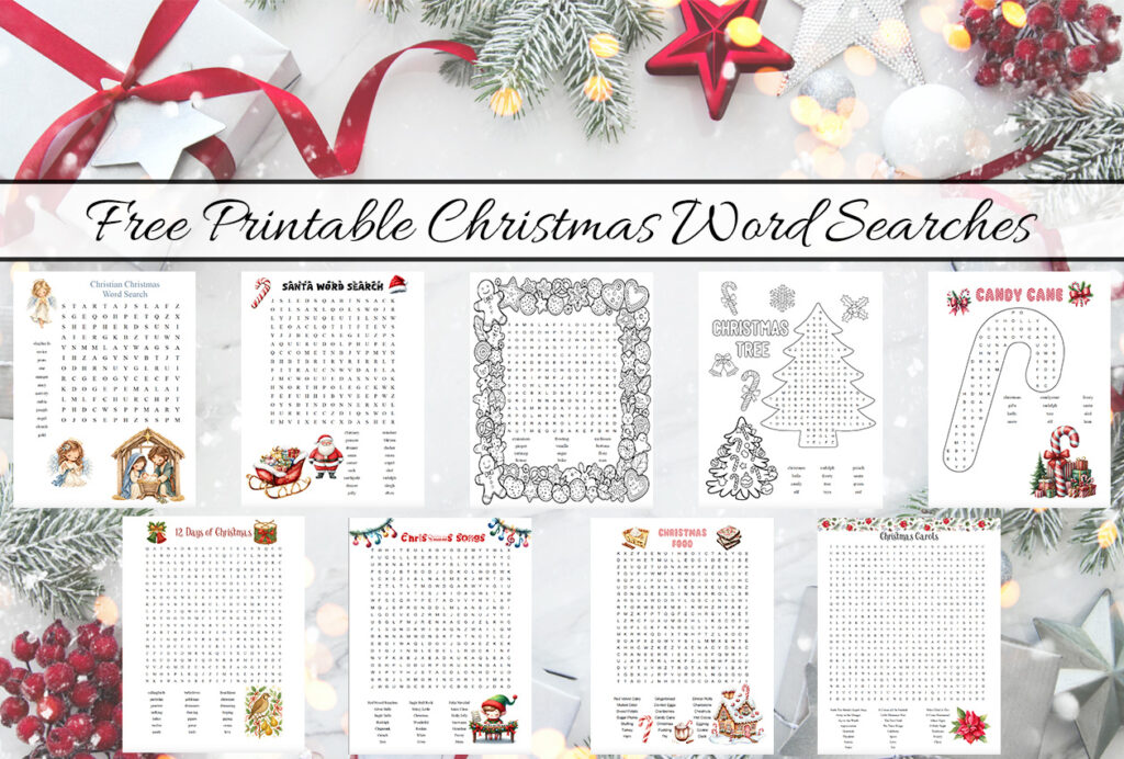 9 free printable Christmas word searches on a Christmas background with title band across the top part